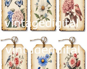 Foglio di collage digitale con etichette floreali vintage - Scarica stampabile