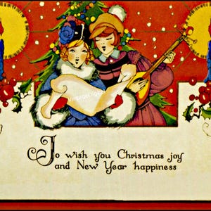 Art Deco Vintage kerstpostkaart Verse Carolers Digital Image Download afdrukbare decoupage, plakboeken, dagboekpagina, illustraties, kaarten