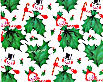 May include: A white background with a repeating pattern of green holly leaves and red and white snowmen holding candy canes and canes. The text "VintageDigital" is in the center of the image.