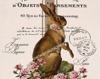 French Rabbit Digital Image Art Graphic Downloadable Printable Image Cards/Tags/Transfers/Labels/Logos