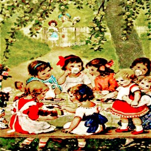 May include: A group of children dressed in vintage clothing are gathered around a table in a garden setting. They are having a tea party with teacups, a teapot, and a cake. The children are smiling and enjoying themselves. The scene is painted in a whimsical style with bright colors and details.