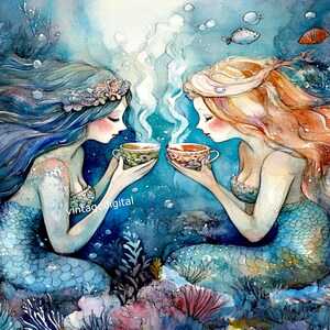 Vintage Digital Image Mermaid Tea Party Download Printable Wall Art