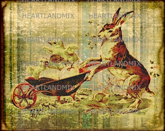 Brown Rabbit pushing Wheel Barrow full of Easter Chicks Vintage Easter Digital Download Printable Art Graphic Image