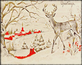 Imagen vintage de un reno navideño en un pueblo invernal (descarga digital)