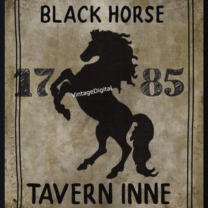 Vintage Primitive Farmhouse Black Horse Tavern Inne Digital Download Printable Image Card, Tags, Transfer