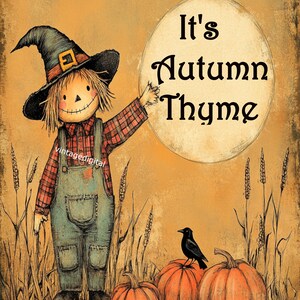 Vintage Primitive Folk Art Scarecrow &quot;It&#39;s Autumn Thyme&quot; Digital Download Printable image