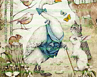 May include: A white goose wearing a blue vest and a top hat stands in a forest setting. The goose is holding a cane and looking at a white rabbit. A deer, a cat, two birds, and a mouse are also in the scene.