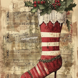 Vintage Primitive Christmas Stocking Image Digital Download Printable