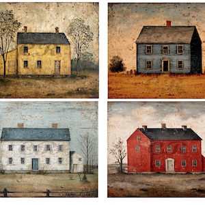 Vintage BLOCK SET 4 Primitive Farmhouse Saltbox Houses Digital Download