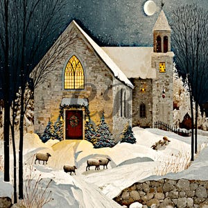 Vintage Primitive Land Weihnachtskirche Weihnachtskirche Digitales Bild Wand Kunst Download Printable