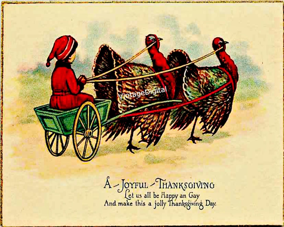 Thanksgiving Turkeys Pulling a Cart With Child Greetings Vintage ...