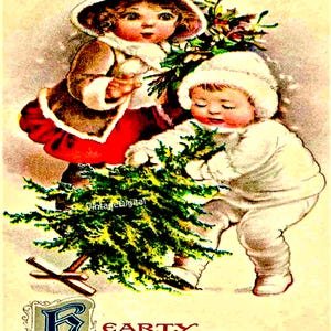 Niñas y un árbol de Navidad: Arte digital vintage, descarga de imagen imprimible