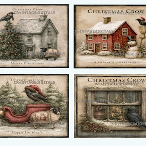 Vintage-Blockset mit 4 primitiven Bauernhaus-Weihnachtskrähen (Digitaler Download)