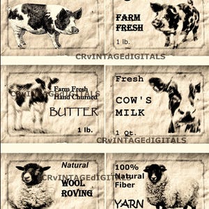 Pode incluir: Um conjunto de rótulos de produtos em estilo vintage com ilustrações de animais de fazenda. Os rótulos exibem texto como "Pure Lard", "Bacon", "Butter", "Cow's Milk", "Wool Roving" e "Yarn". Cada rótulo tem uma borda decorativa.