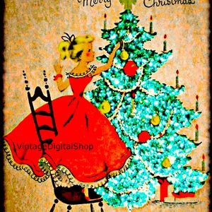 Vintage Retro Trimmen Baum Weihnachten digitale Grafikbild-Download für Karten/Transferpapiere/Etiketten/Logos/Geschenkanhänger/Wandkunst