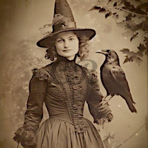 Imagen de descarga digital vintage de bruja de Halloween y cuervo negro