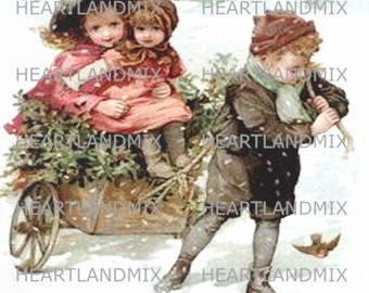 Vintage Christmas CHILD Pulls Wooden WAGON with Sisters and Holly Digital Download Printables for Tags Transfers Logos Labels