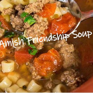 May include: A bowl of Amish Friendship Soup with ground beef, tomatoes, and pasta noodles.