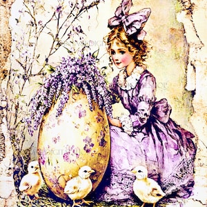 Ragazza di Pasqua primaverile vintage vittoriana con uovo e pulcini scarica il formato digitale stampabile