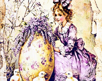 Victorian Vintage Spring Easter girl with Egg and baby chicks download printable digital