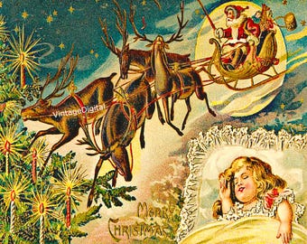 Könnte beinhalten: Vintage Weihnachtsbild mit dem Weihnachtsmann in einem von Rentieren gezogenen Schlitten, der über einen sternenklaren Nachthimmel fliegt. Ein Kind schläft friedlich darunter. Die Worte "Merry Christmas" stehen unten.