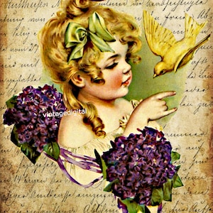 Imagen digital vintage para descargar, ilustración artística imprimible, arte de pared de niña con paloma