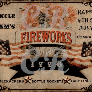 Imagen digital vintage del Día de la Independencia, descargable, ilustración imprimible, petardos/fuegos artificiales del 4 de julio