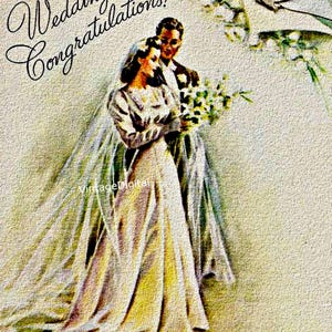 レトロなミッドセンチュリーの花嫁と花婿のヴィンテージデジタル画像のダウンロード印刷可能なグリーティングカード