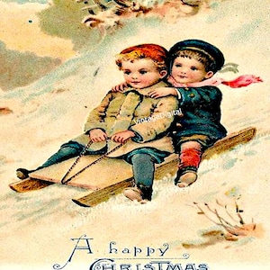 VINTAGE Children SLEDDING DOWNHILL Christmas Image Digital Download Printable Wall Art/Clip Art/Decoupage/Scrapbook/Journal Page/Tags/Cards
