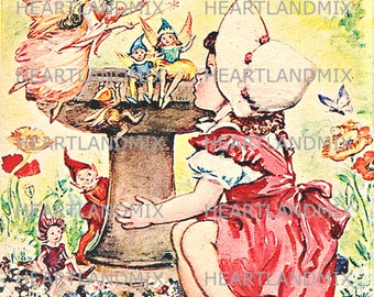 Vintage Digital Graphic Image Download Printable Fairy at the Bird Bath wall art print