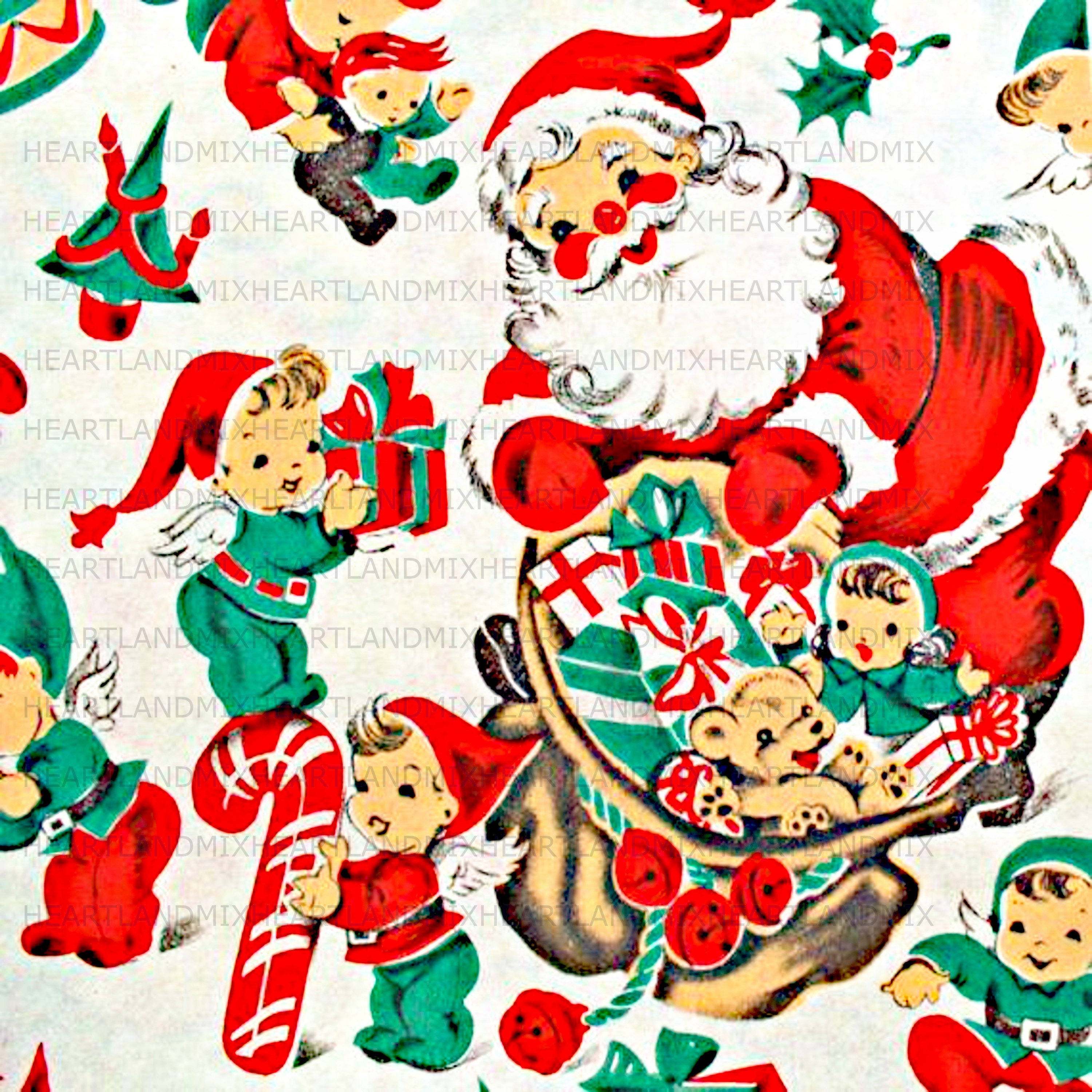 christmas wrapping paper digital image vintage santa elf toys