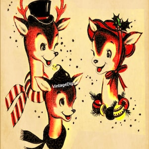 Imagem de Natal Vintage dos anos 1950 DIGITAL Download Rena para impressão Cartão de rena de Natal JPG para impressão Retro MCM