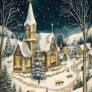 Vintage Primitive Country Christmas Church Digital Image Wall Art Download Printable