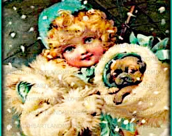 Vintage Christmas Image Download Printable cards,tags,wrapping paper,scrap books,wall art Girl with Pug Dog