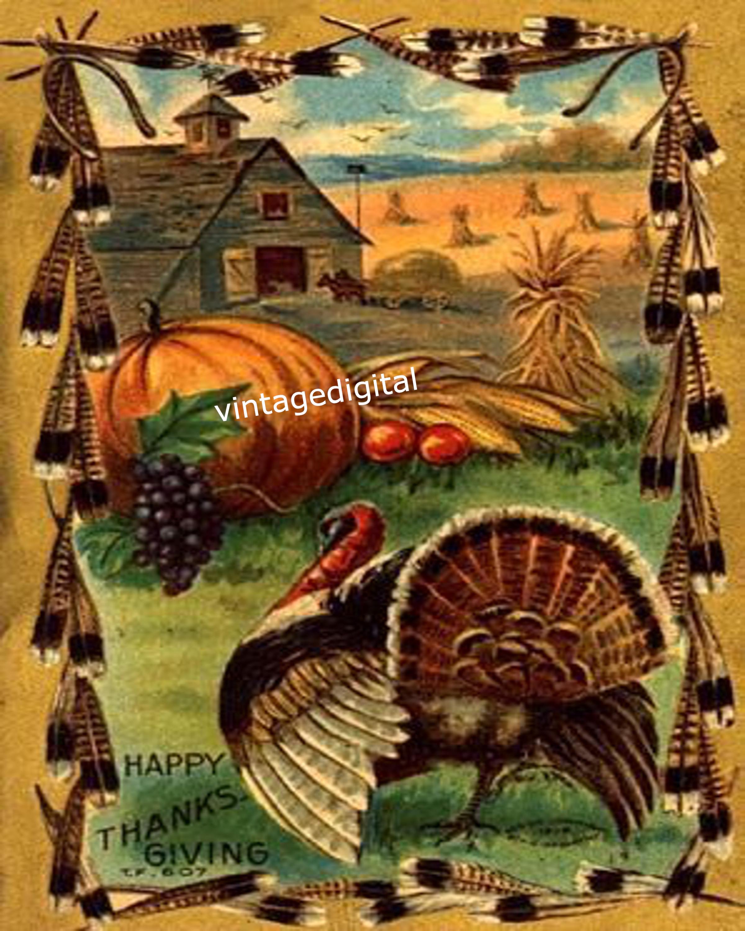 Happy Thanksgiving Vintage Image Turkey, Pumpkin, Corn Field, Barn ...
