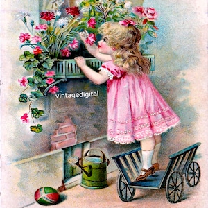 Antique Vintage Victorian Girl Smelling Roses Standing in Wooden Cart Digital Image Download Printable Decoupage, Scrapbooking, Cards, Tag
