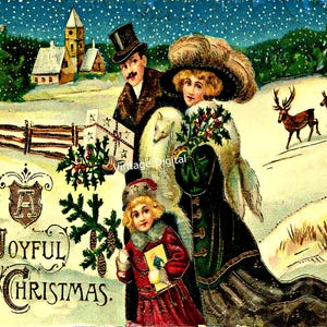 Vintage Christmas Victorian Couple and Child Digital Image Download Printable