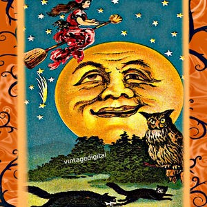 Vintage Halloween Moon witch owl wall art Image Digital Download printable