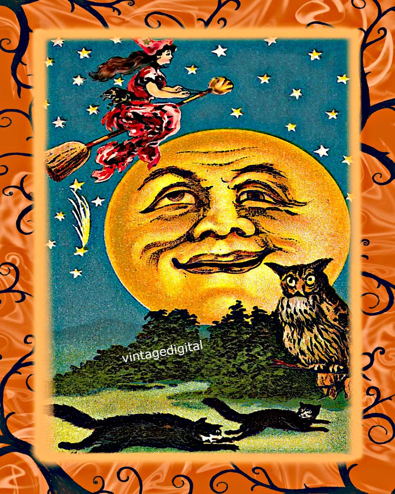 Vintage Halloween Moon Witch Owl Wall Art Image Digital Download ...