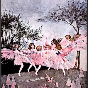 May include: A vintage illustration of fairies dancing in a forest clearing. The fairies are wearing pink dresses and have wings. The background is a soft purple and gray with trees and mushrooms.