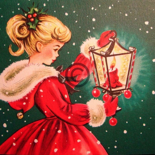 Fille de Noël vintage et lanterne à bougie image numérique art mural/étiquettes cadeaux/cartes/étiquettes/logos/transferts/scrapbook téléchargement immédiat imprimable