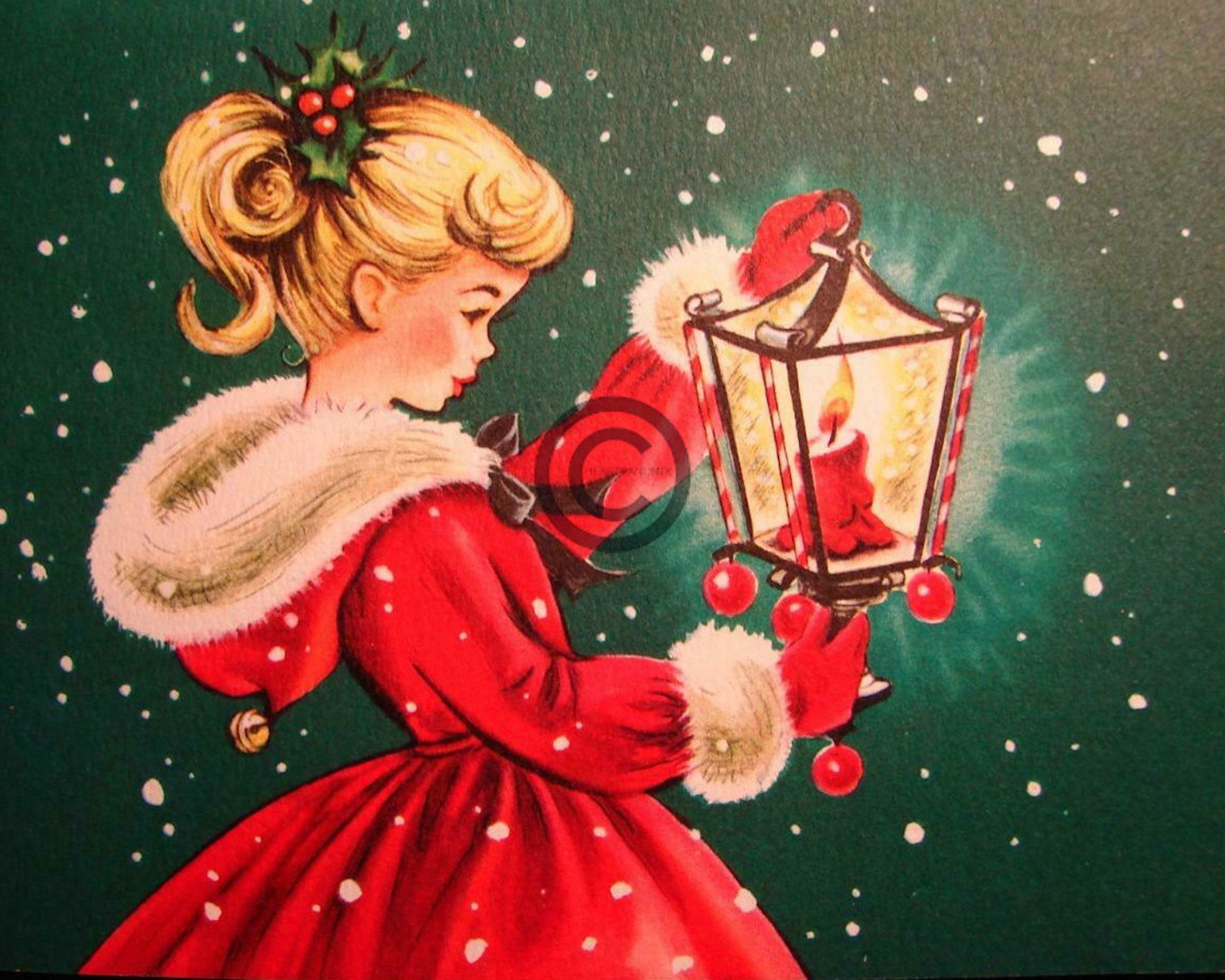 Vintage Christmas Girl and Candle Lantern Digital Image Wall