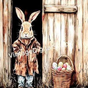 Vintage Farmhouse Easter Rabbit with Basket full of Eggs Digital Image Download Decoupage/Scrapbooking/strony dziennika/Tagi/Karty do wydrukowania