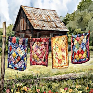 Vintage Farmhouse Country Quilts Drying on the Clothes Line Digital Download Printable