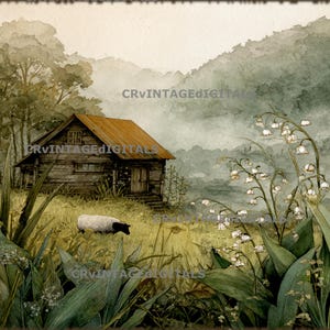 May include: A watercolor illustration featuring a rustic wooden cabin with a brown roof nestled in a grassy field. A white and black sheep grazes in the foreground near tall green foliage and white lily of the valley flowers. The text CRVINTAGEDIGITALS is visible.