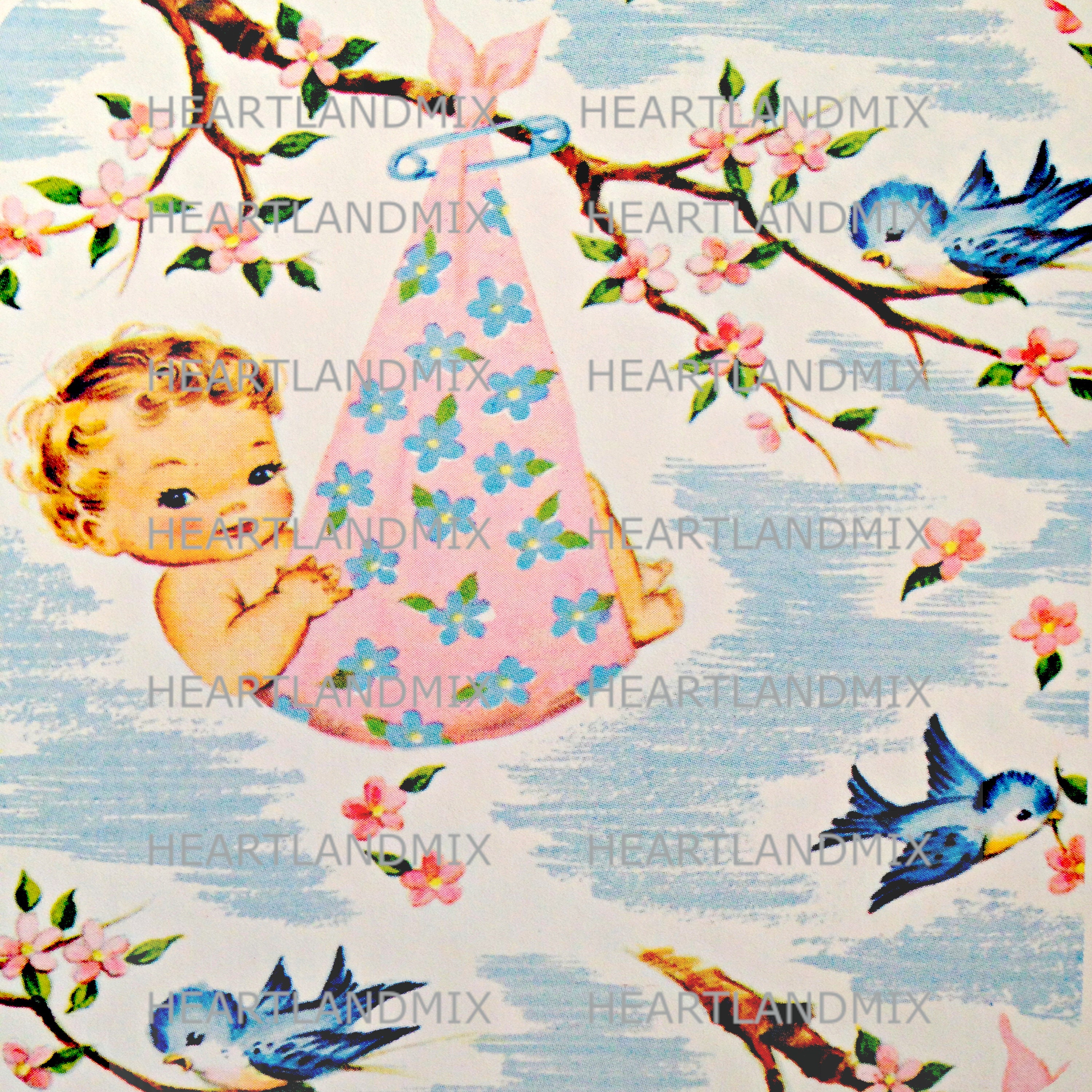 Vintage Baby Shower Wrapping Paper Digital Image Download Printable Unisex  Baby Bluebirds 