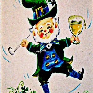 Postal con imagen digital del Día de San Patricio con duende bailando de época, descarga instantánea e imprimible