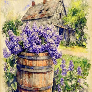 Arte de pared imprimible de casa de campo Lilac, casa de campo vintage, arte de casa de campo abandonada, imagen digital para descargar