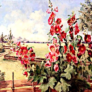 Vintage Floral Botanical Digital Download Printable Image Wall Art Hollyhock