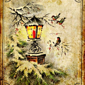Vintage primitieve winterlantaarnpaal en vogels digitale afbeelding download afdrukbaar